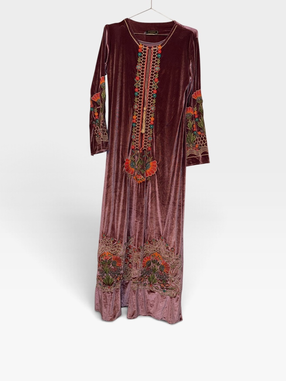 El Karnak Mohamed Madkour Embroidered mauve Velvet Maxi kaftan dress Egyptian M